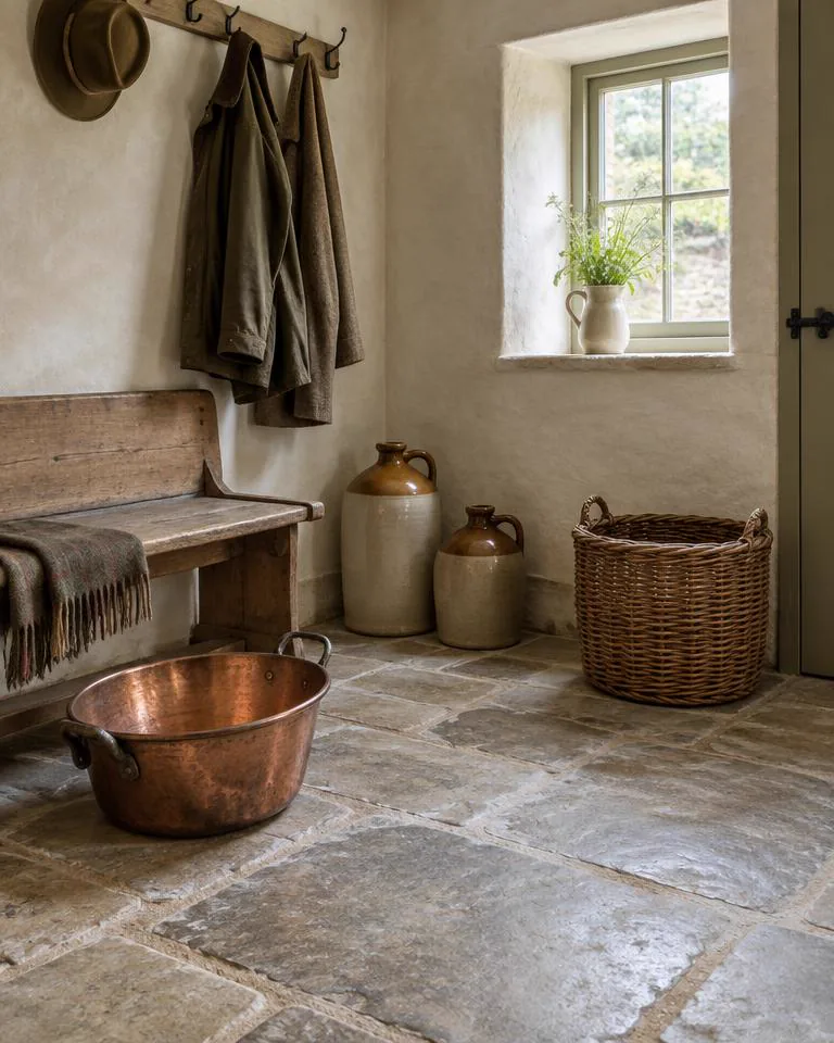 Old ladder, stable pieces and garden baskets in a boot room