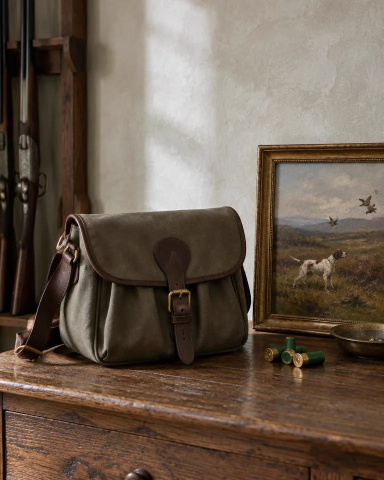 Canvas cartridge bag beside a sporting oil painting in a country house gun room