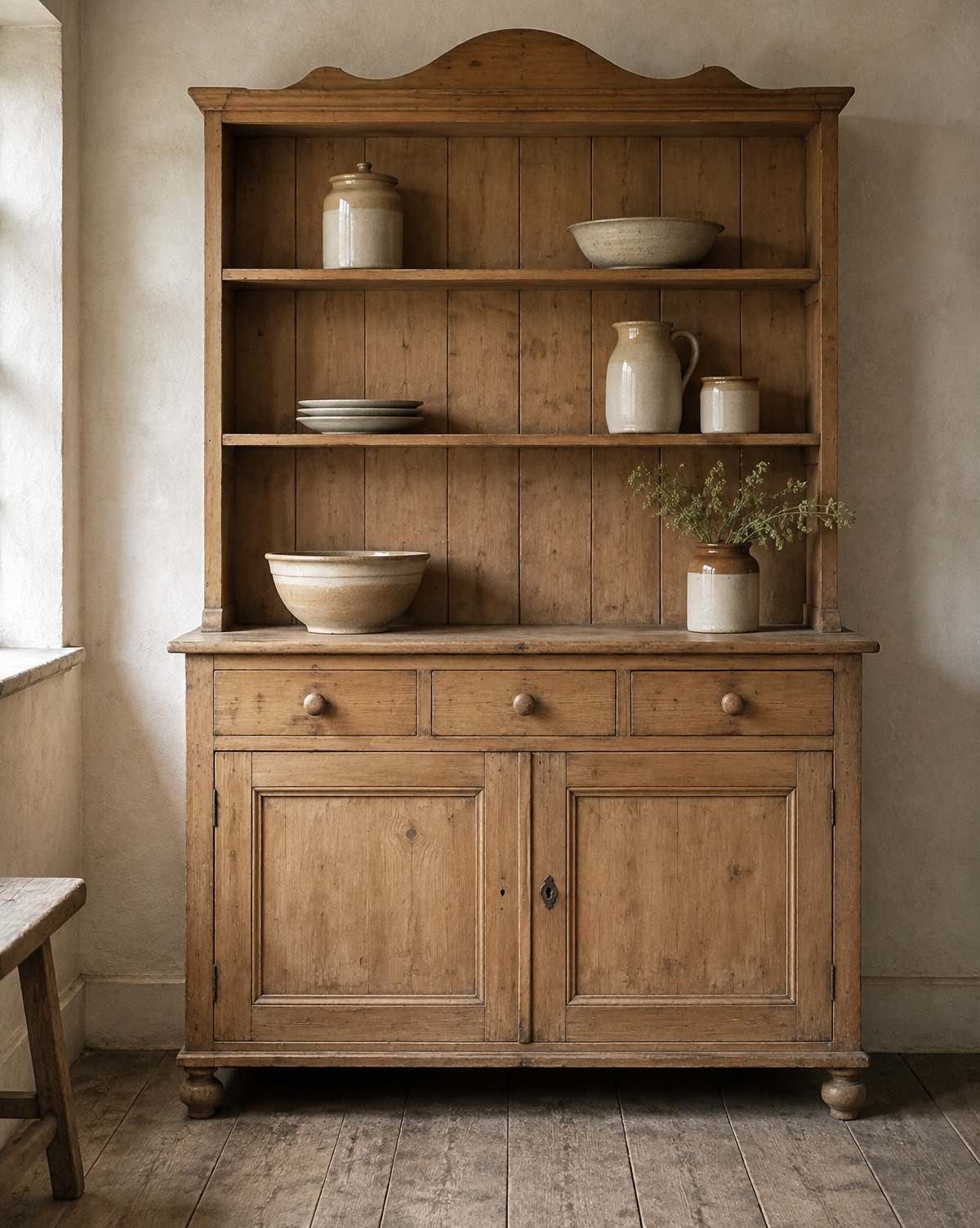 Victorian pine dresser with plates, stoneware and copper