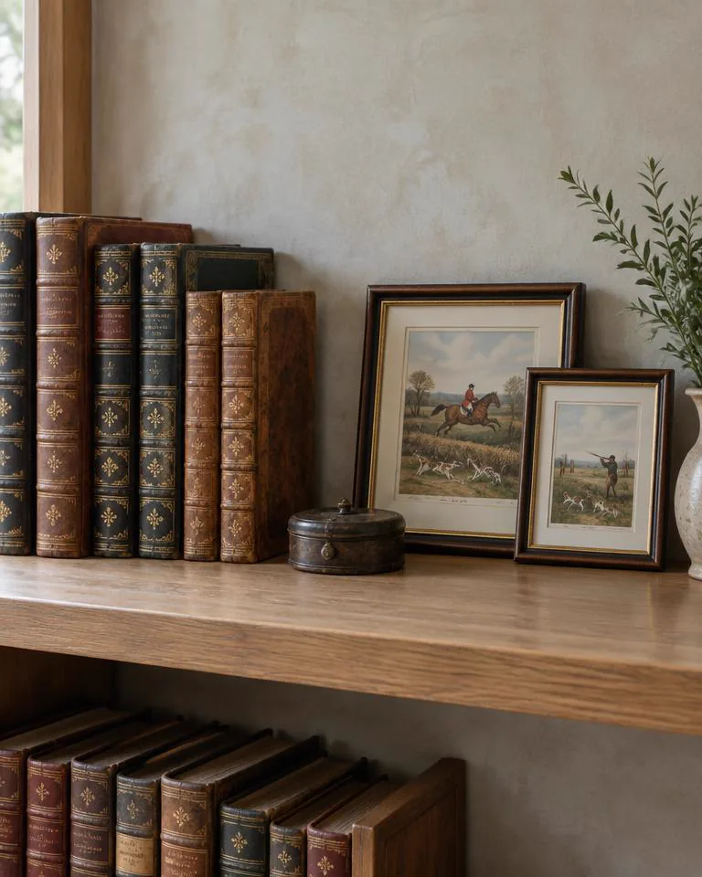 Leather sporting books and framed sporting prints on an oak library shelf