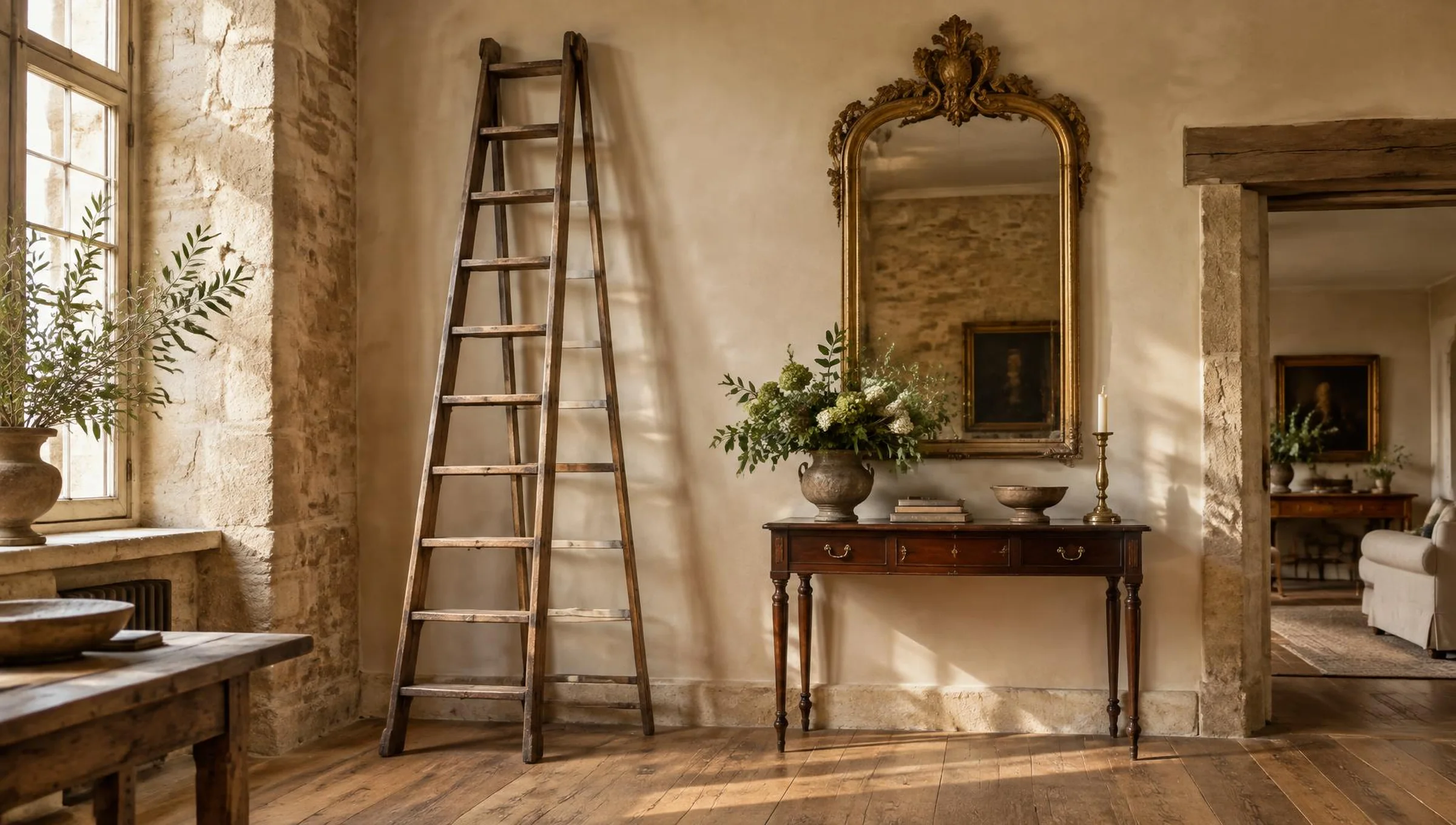 A 1920s pine decorators ladder with a Georgian side table and French giltwood mirror in a limewashed barn
