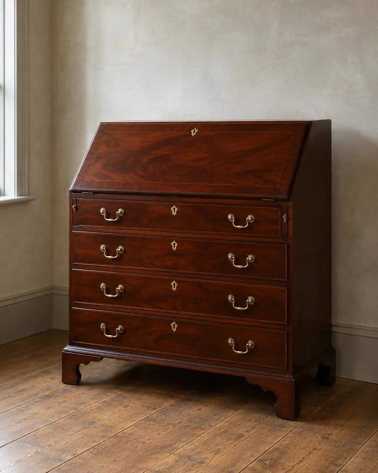George III mahogany bureau with original brass handles