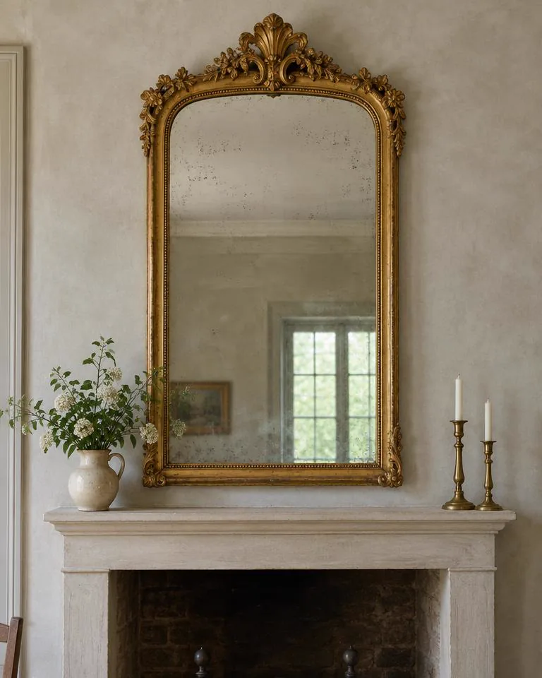 French giltwood overmantel mirror with foxed plate