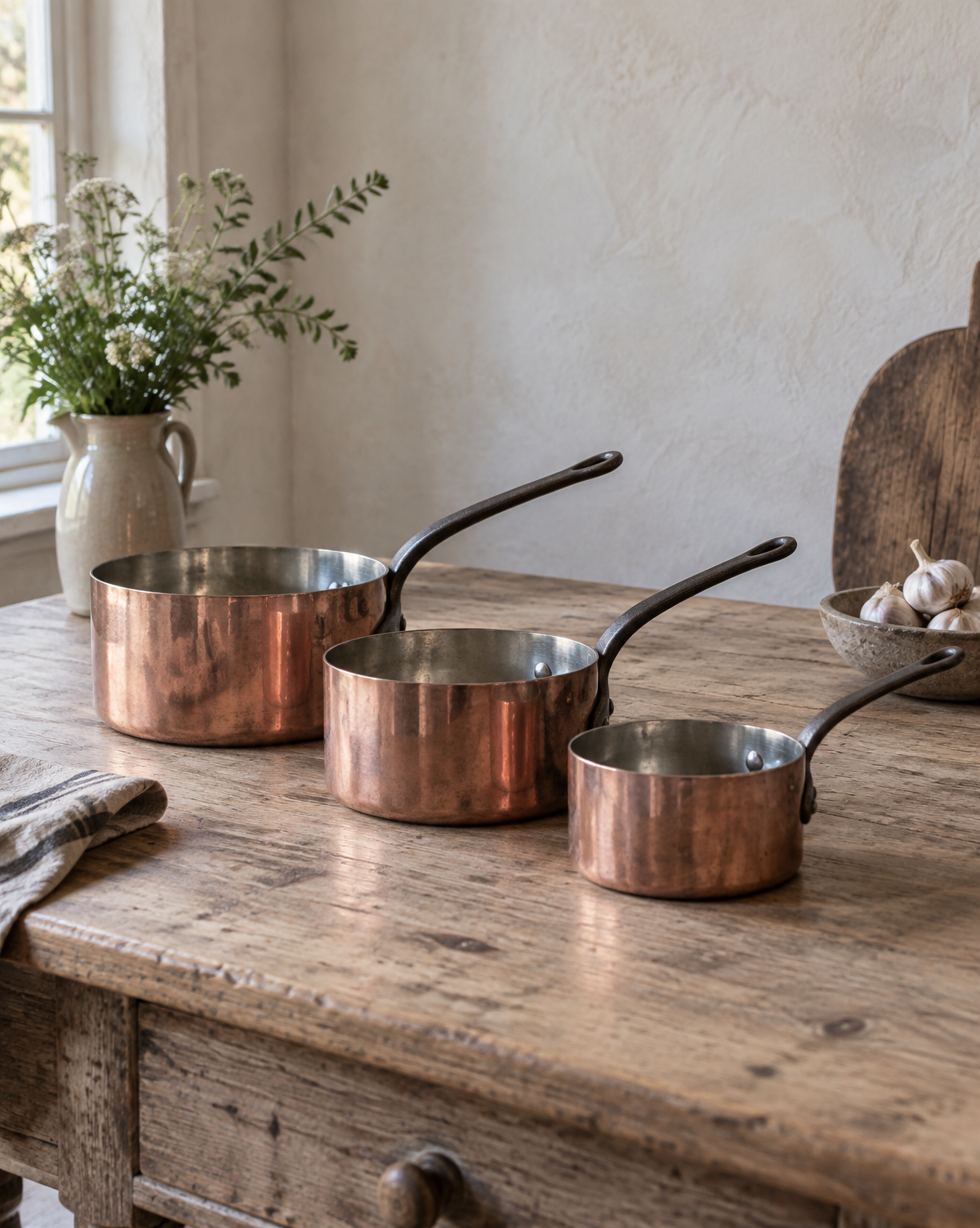 Set of three graduated copper saucepans