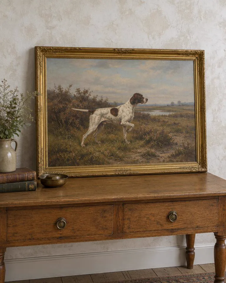 Oil on canvas, pointer in a Norfolk landscape