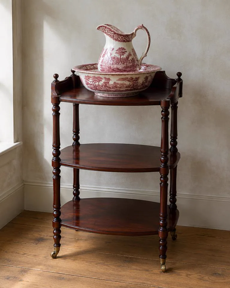 Victorian mahogany three-tier washstand with transfer-printed basin and jug